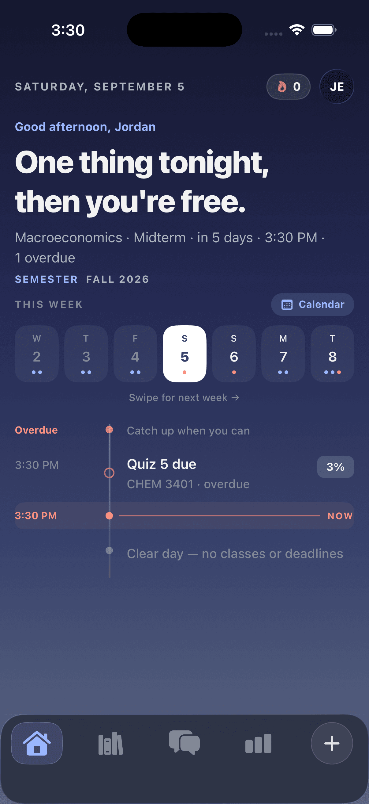 CourseConnect home timeline with today's classes, an overdue quiz and the live now marker