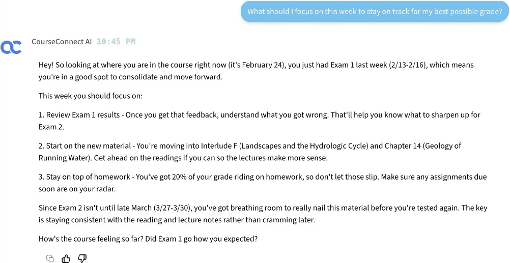 Class chat — AI tutor answering a question grounded in your actual syllabus