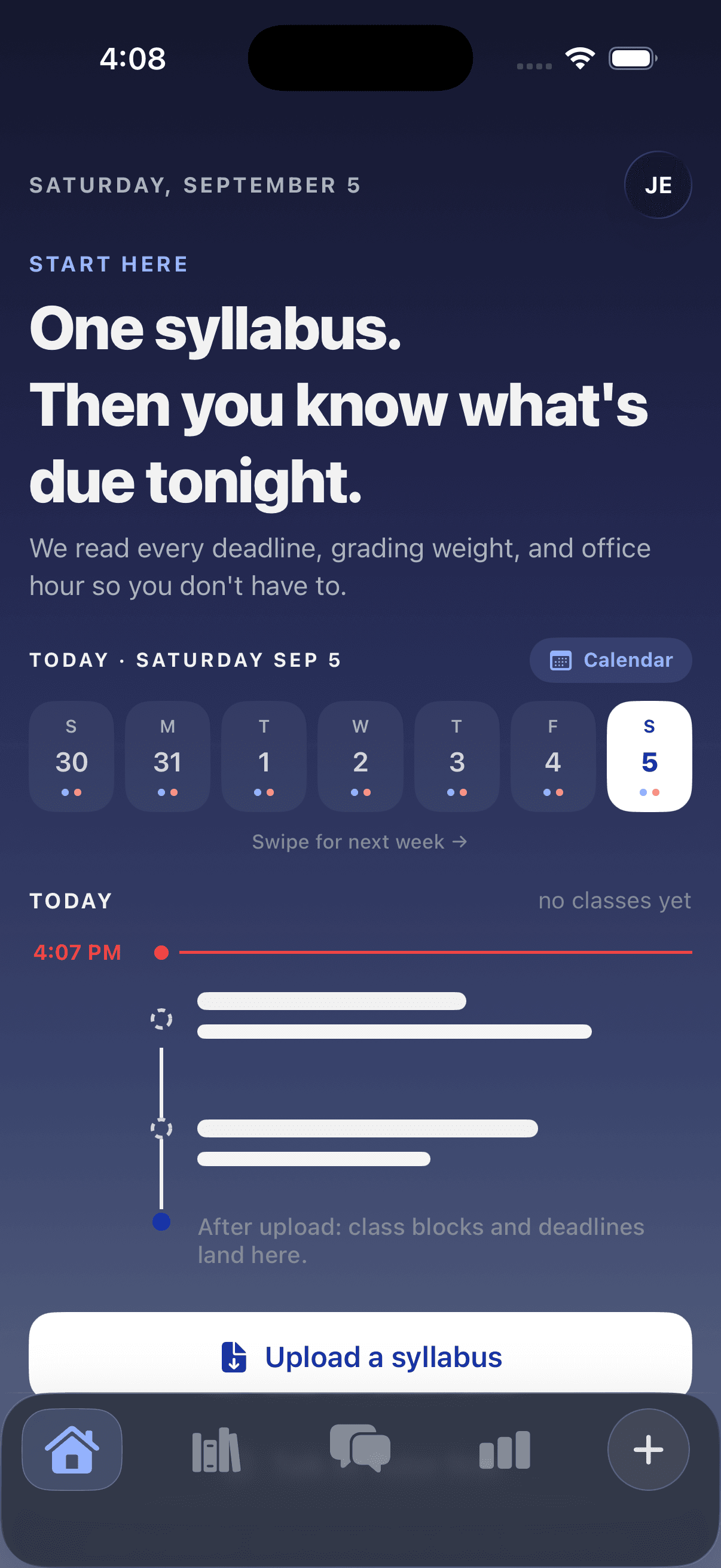 CourseConnect home screen prompting a syllabus upload