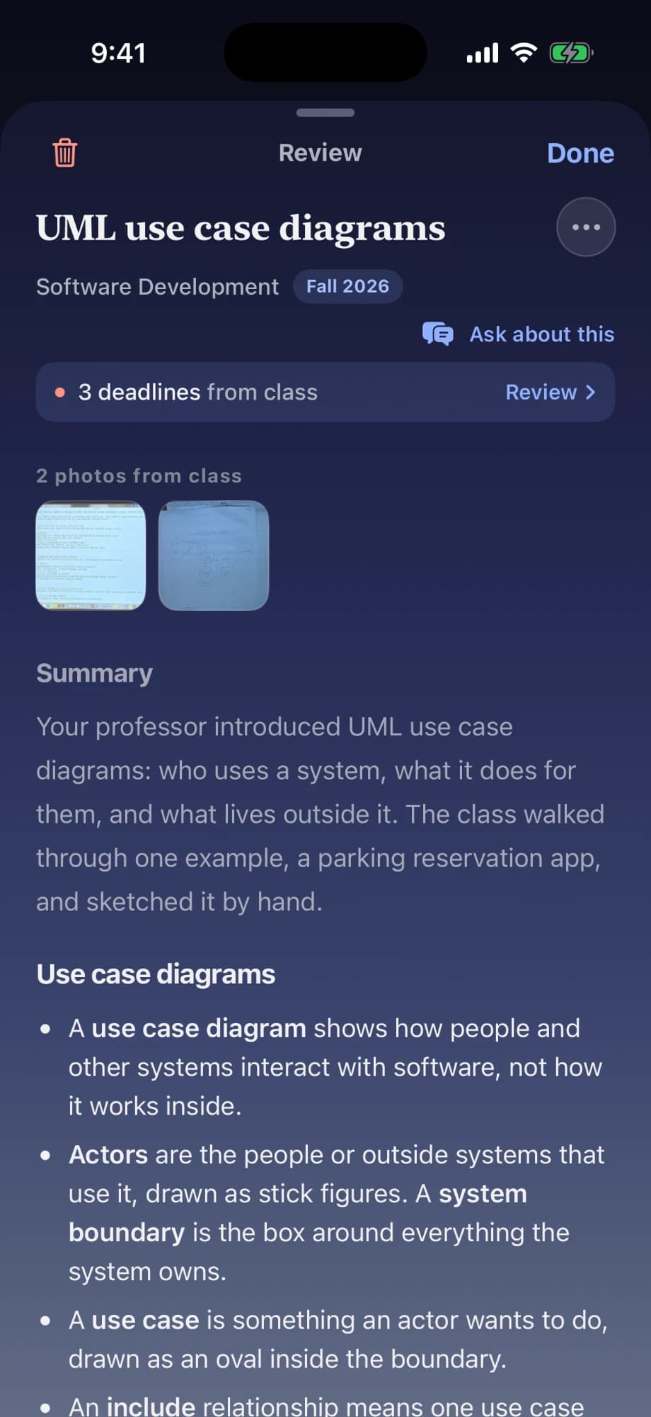 A lecture note with two photos from class, deadlines caught in class, a summary and sections