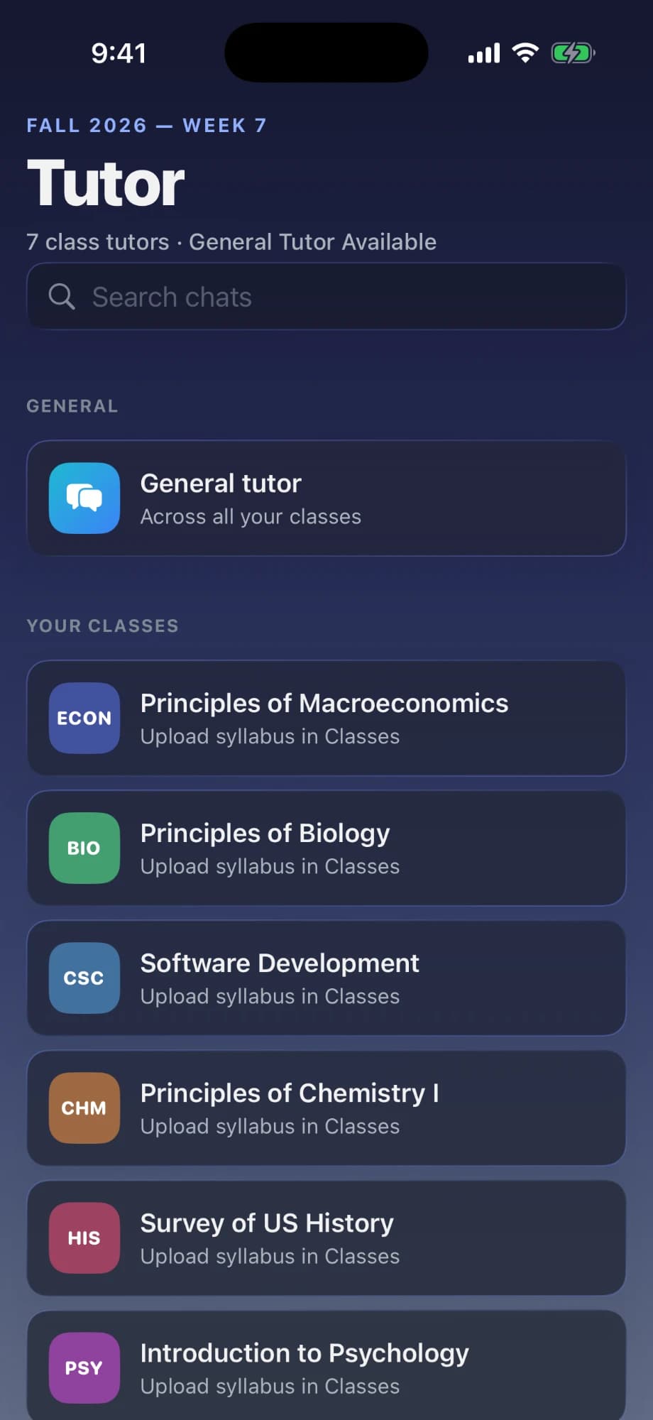 CourseConnect Tutor tab: a general tutor plus one tutor for each of your classes