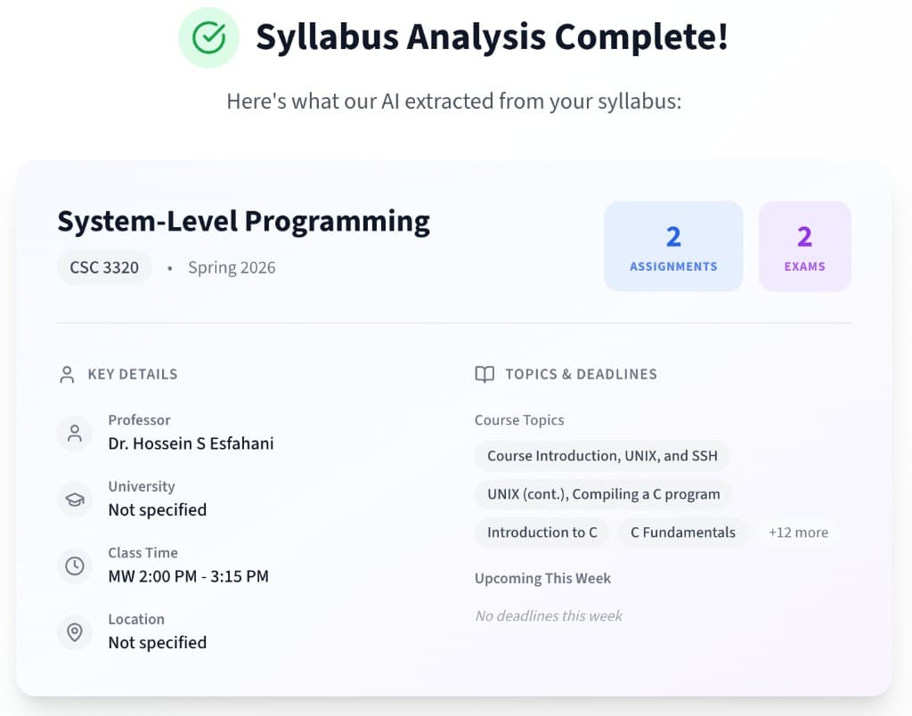 Syllabus analysis complete — AI-extracted course details, key details, topics and deadlines