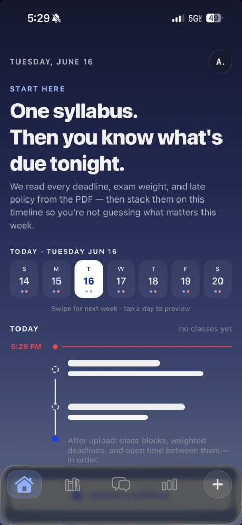 CourseConnect iPhone app — home timeline with syllabus deadlines on a vertical day view